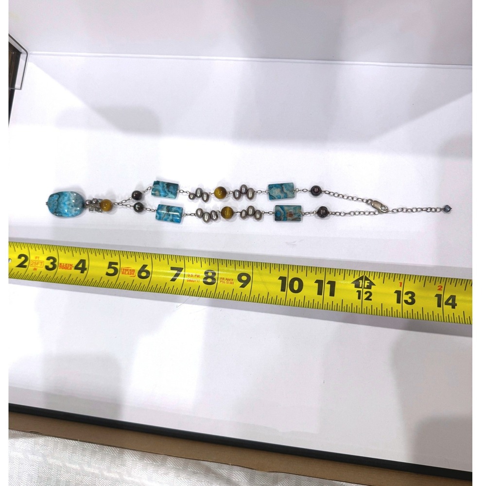 Boho Blue Agate Stone Necklace & Earrings Set Tiger Eye Pearl‎ Beaded Statement - Picture 9 of 9